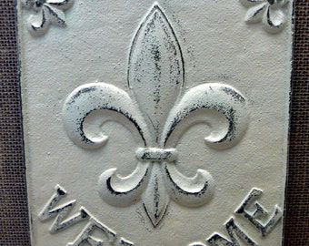 Fleur de lis Ornate Welcome Decorative Cast Iron Rectangular Plaque Off White Cream Distressed Wall Decor FDL French Paris Shabby Chic