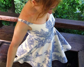 Toile Dress Retro Summer Dress with Off Shoulder Bateau Neckline Vintage Full Skirt 50s 60s Cream Blue Toile de Jouy