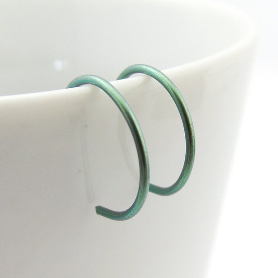 Tiny Green Niobium Hoop Earrings, Green Backward Hoop Earrings