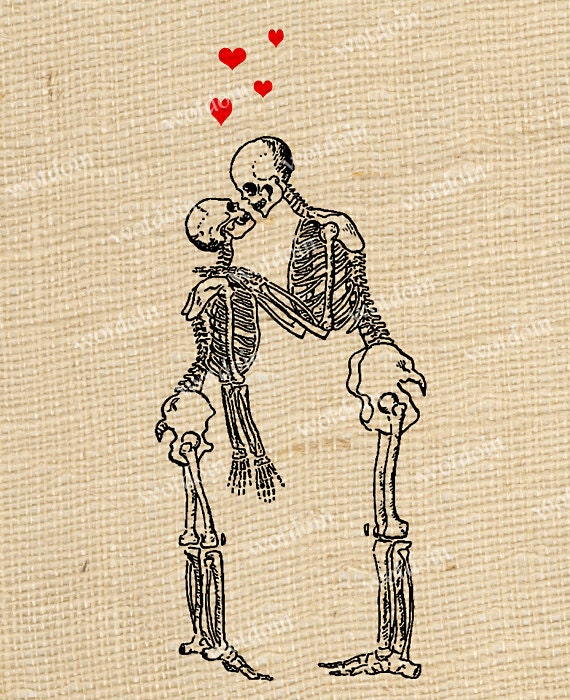 Skeleton Love Hearts Kissing Halloween Image Transfer