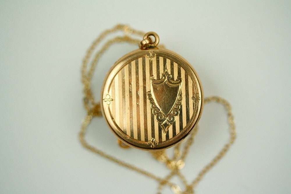 Vintage Round Locket with Shield Engraving and Picture Frames, Locket
