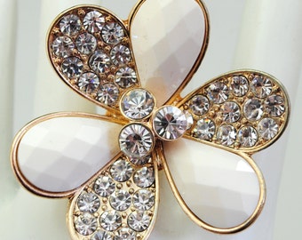 Big Floral Creme Rhinestone Ring/Creme/Statement Ring/Gold/Spring/Summer Jewelry/Wedding/Gift For Her/Adjustable/Under 20 USD