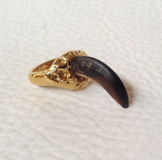 SALE Gold plated brass Coyote claw Ring Organic design