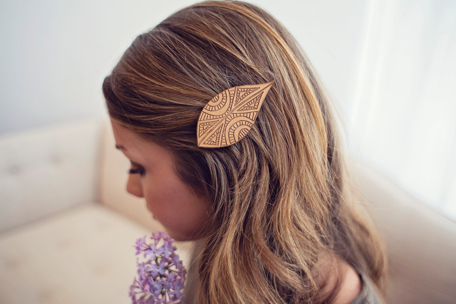 Feather Leaf Hair Clip Laser Cut Alder Wood