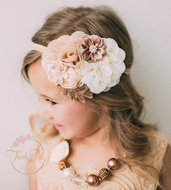 Baby headband,flower girl headband, baby headbands, girls headband,newborn headband,Ivory headband,flower headband, Shabby chic headband. by ThinkPinkBows