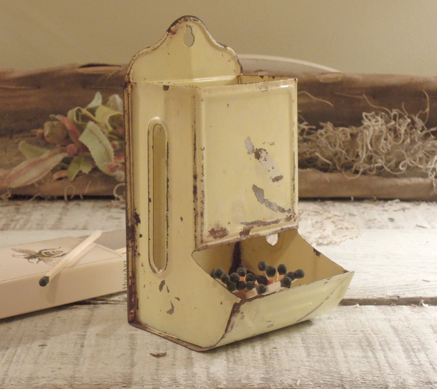 Vintage Yellow / Pocket Match Holder / Match Box / Rustic