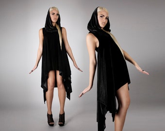 Hooded Asymmetrical Black Velvet Dress, Avant Garde Clothing, Scandinavian Minimalist Design, Post Apocalyptic, Burning Man, by LENA QUIST
