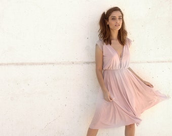 Blush bridesmaid dress, knee length dress, lace on cleavage ,full circle skirt