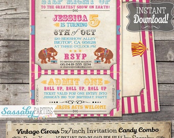 Vintage Circus Invitation - INSTANT DOWNLOAD - Pink Circus Carnival Partially Editable & Printable Birthday Invite by Sassaby Parties