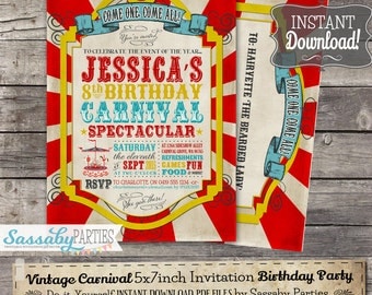 Vintage Carnival Invitation - INSTANT DOWNLOAD - Partially Editable & Printable Circus, Sideshow, Carousel, Birthday Party Invite