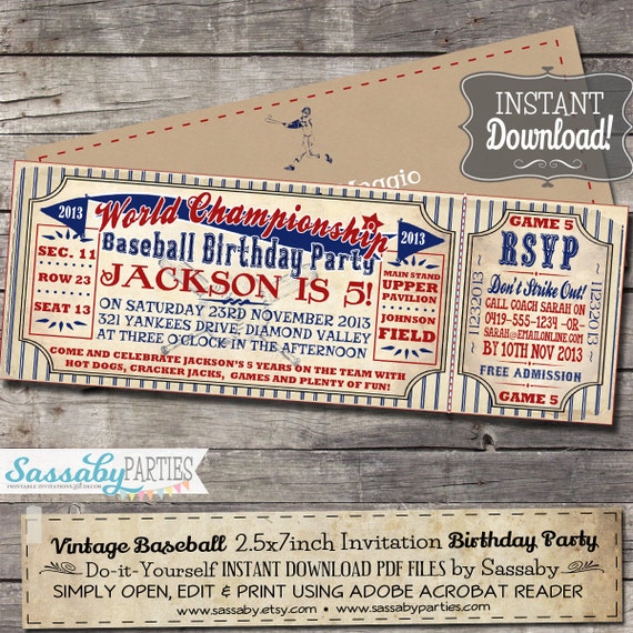 Vintage Baseball Birthday Invitation - INSTANT DOWNLOAD - Editable & Printable Birthday Ballgame Invite by Sassaby Parties Il_570xn