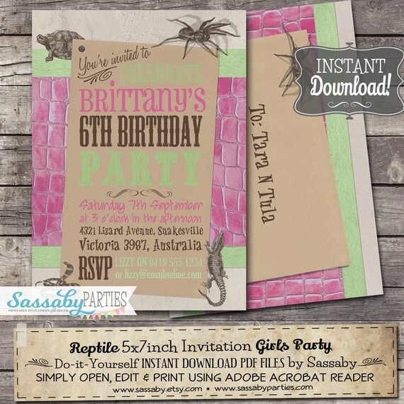 Reptile Girl Invitation - INSTANT DOWNLOAD - Partially ...
