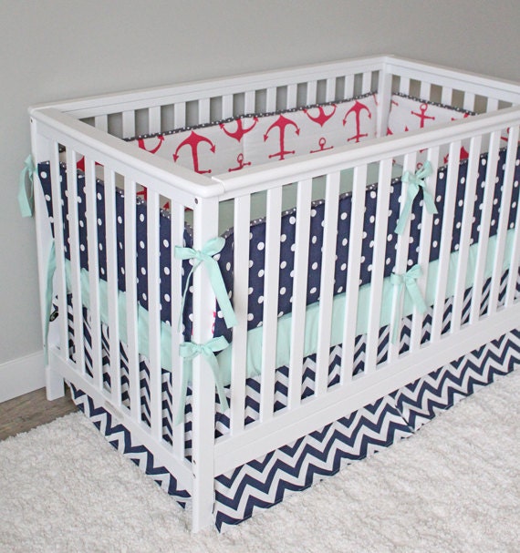 Items similar to Custom Crib bedding Navy Blue, Mint and Pink Anchor