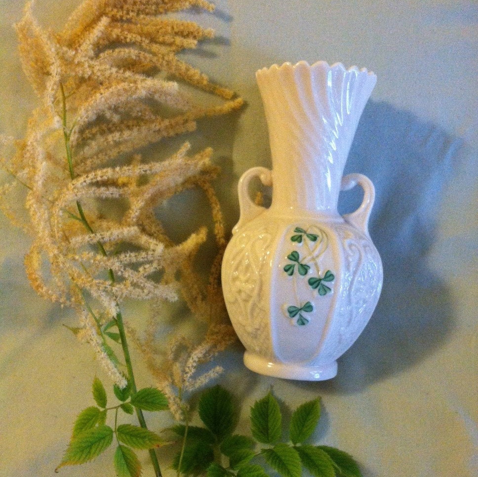 Belleek Shamrock Vase Vintage Irish Porcelain Double Handled