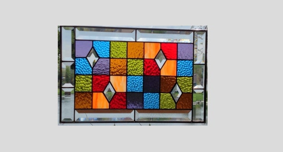 Beveled Stained Glass Panel Window Geometric Rainbow Quilt