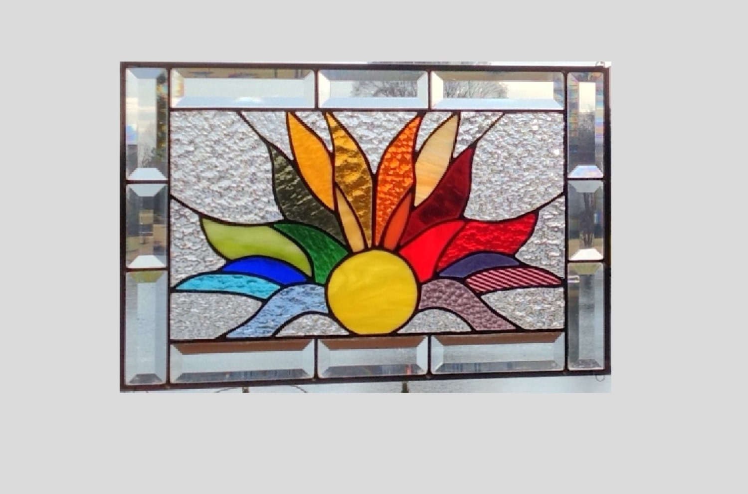 Rainbow stained glass panel window hanging flames by SGHovel