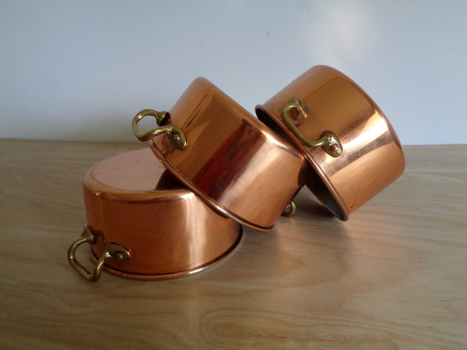 Set of 3 Mini Copper Pots with Handle Vintage Copral Rustic