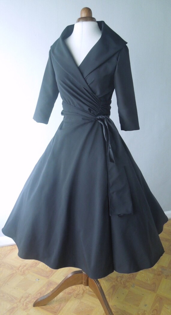 Wrap dress made from black cotton tea length skirt by elegance50s