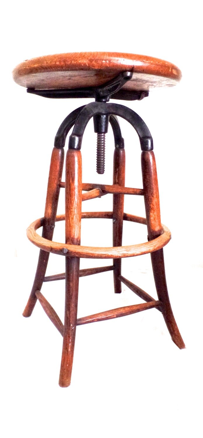 Antique Oak and Cast Iron Industrial Stool by CityGirlAntiques