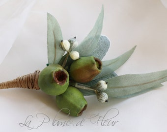 Banjo. Men's Buttonhole/Boutonniere - Gumnuts and Eucalyptus leaves.