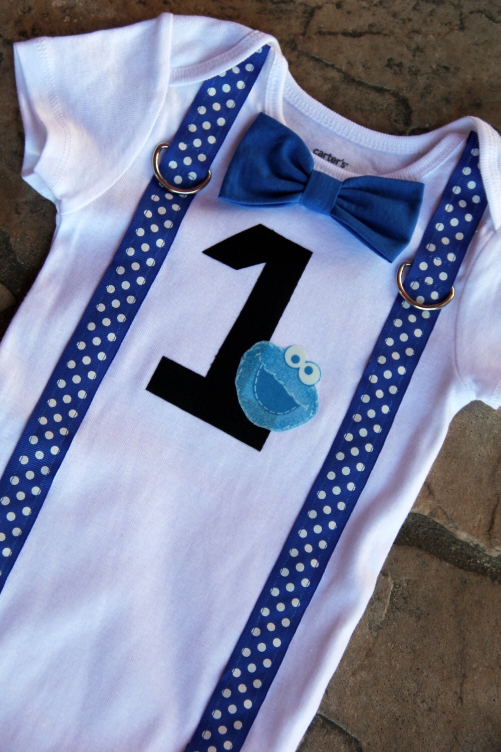 Cookie Monster Baby Boy Bow Tie Bodysuit with Suspenders