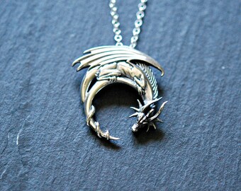 Sterling silver dragon necklace, winged dragon on moon pendant, goth medieval symbolic necklace, dragon jewelry, charmed2