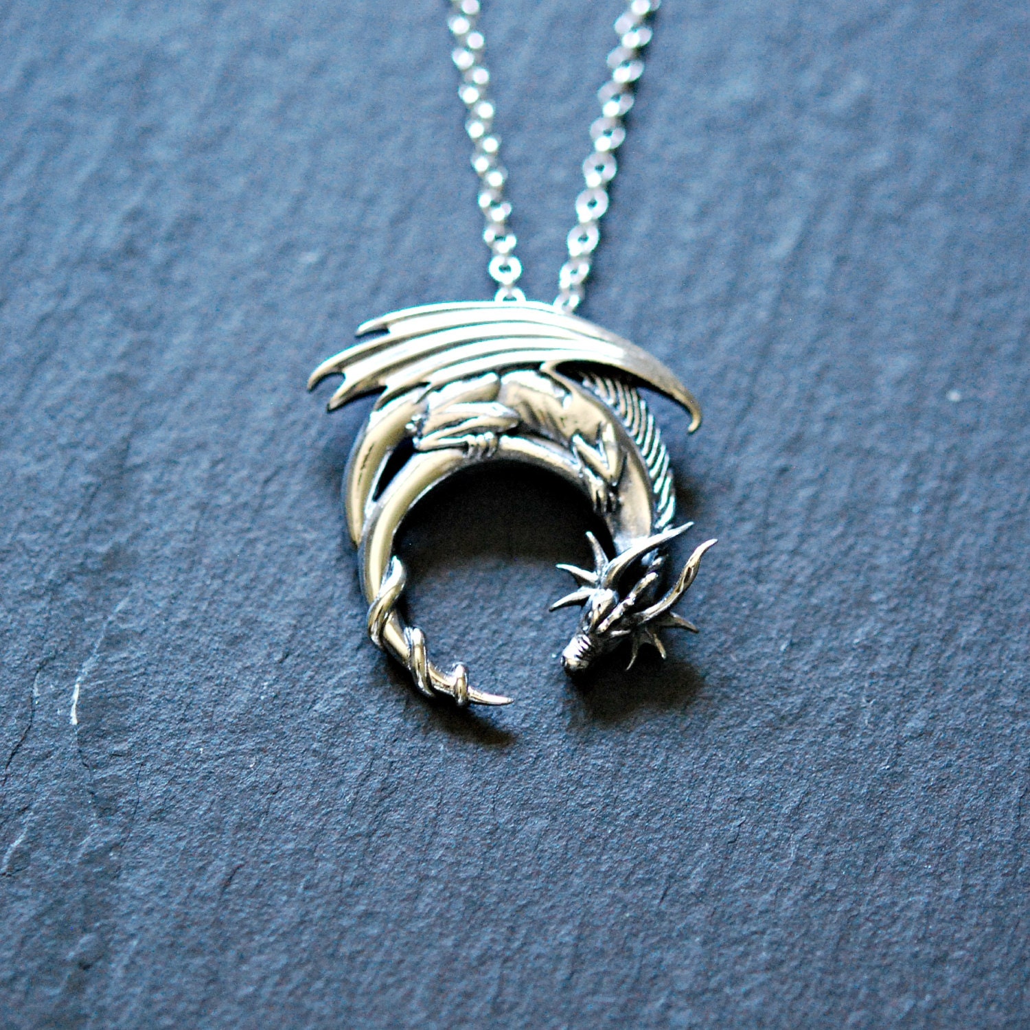 Sterling silver dragon necklace winged dragon on moon