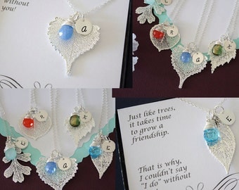 9 Bridesmaid Leaf Necklaces Personalized, Bridesmaid Gifts, Real Leaf Necklace, Thank You Card, Initial Jewelry, Sterling Silver, Gemstone