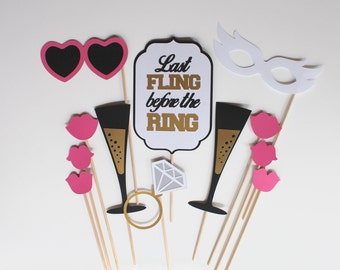 12 - Piece Bachelorette Photo Booth Props Wedding Photobooth Prop with Gold Foil Last Fling Before The Ring Party
