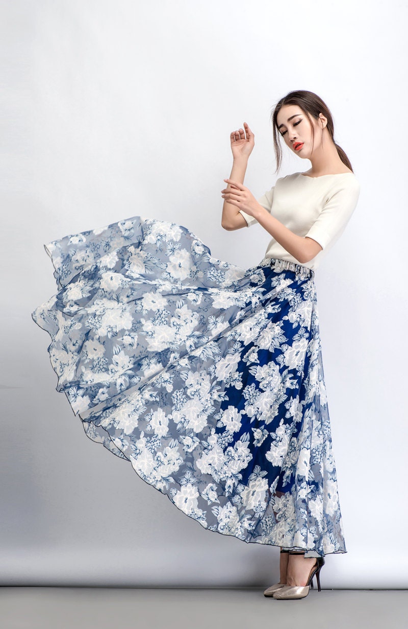 Blue Floral Skirt Chiffon Elegant Floral Print Sheer Summer