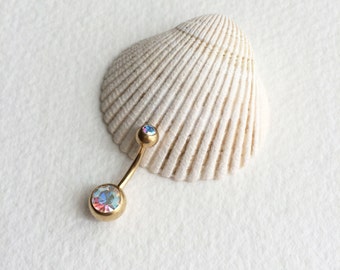GOLD Belly button ring, barbell, bellybutton ring, navel piercing, gold belly ring, gold navel bar belly ring piercing, iridescent, AB
