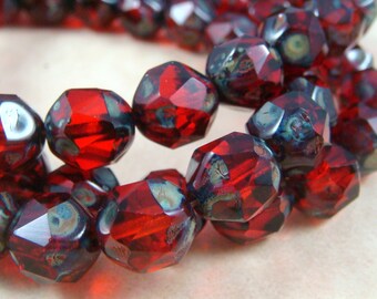 Czech Beads, Czech Glass Beads, Picasso Beads - Ruby Red Glass Beads (CEN/N-0827) - Central Cut Irregular Rounds - 10x8mm - Qty 10