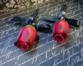 Items similar to Boutonniere Red & Black Feathers, Rhinestones Rose ...