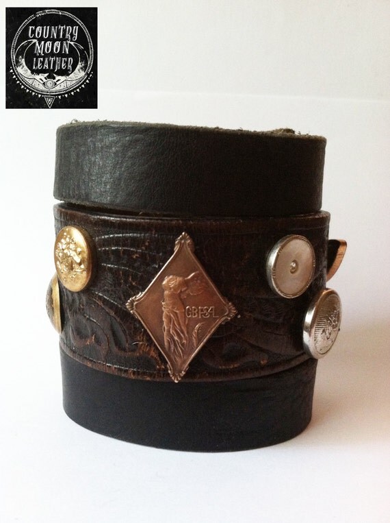 Mens Leather Cuff Brown & Black by CountryMoonLeather on Etsy