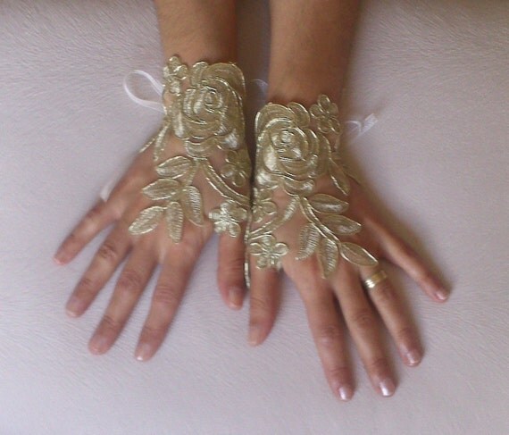 Gold Wedding gloves free ship bridal gloves fingerless lace gloves french lace gloves gauntlets guantes bohemian gold