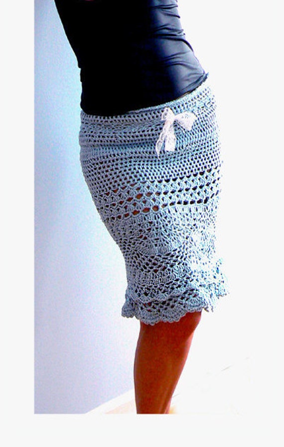 Blue crochet skirt. Handmade elegant sexy skirt. Pencil crochet skirt