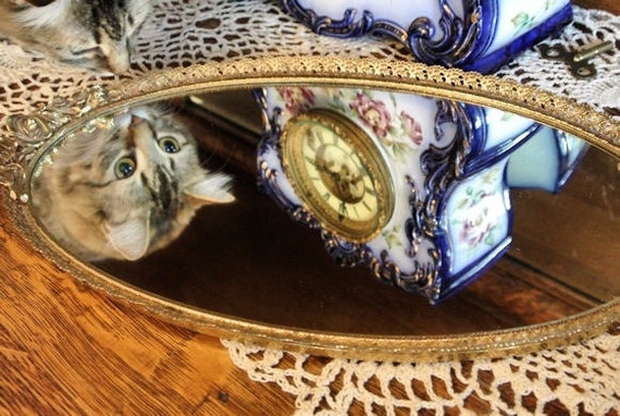 Matson EXTRA Large Ormolu Filigree Mirror Mirrored Vanity Tray Wall Mirror Gold Roses Long Stemmed 1950s 50s Hollywood Regency Mid Century