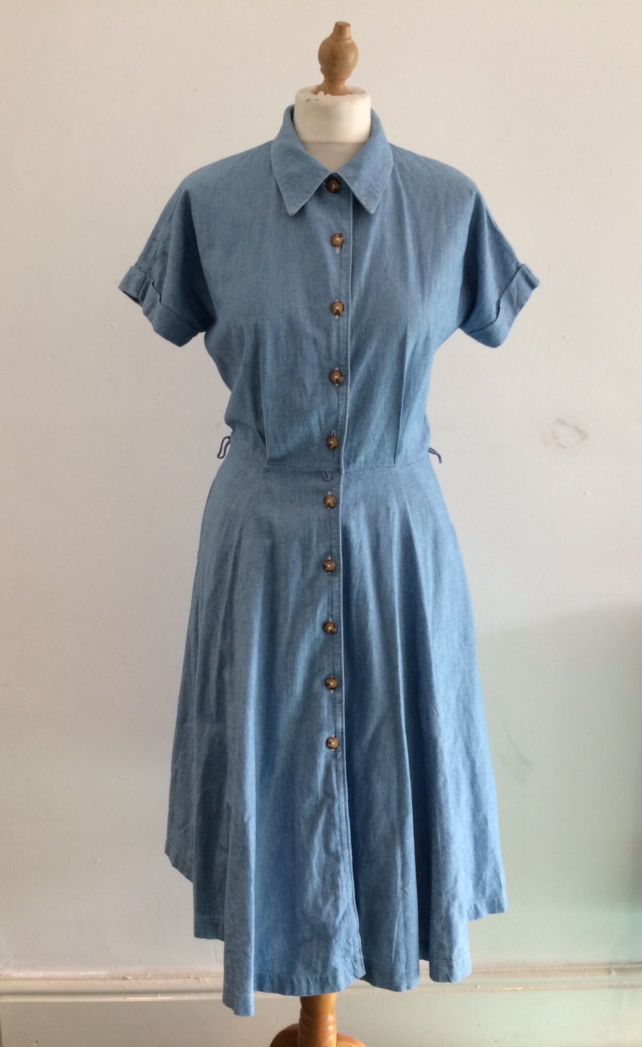 Vintage 1980s Light Blue Chambray Cotton Summer Sun Dress
