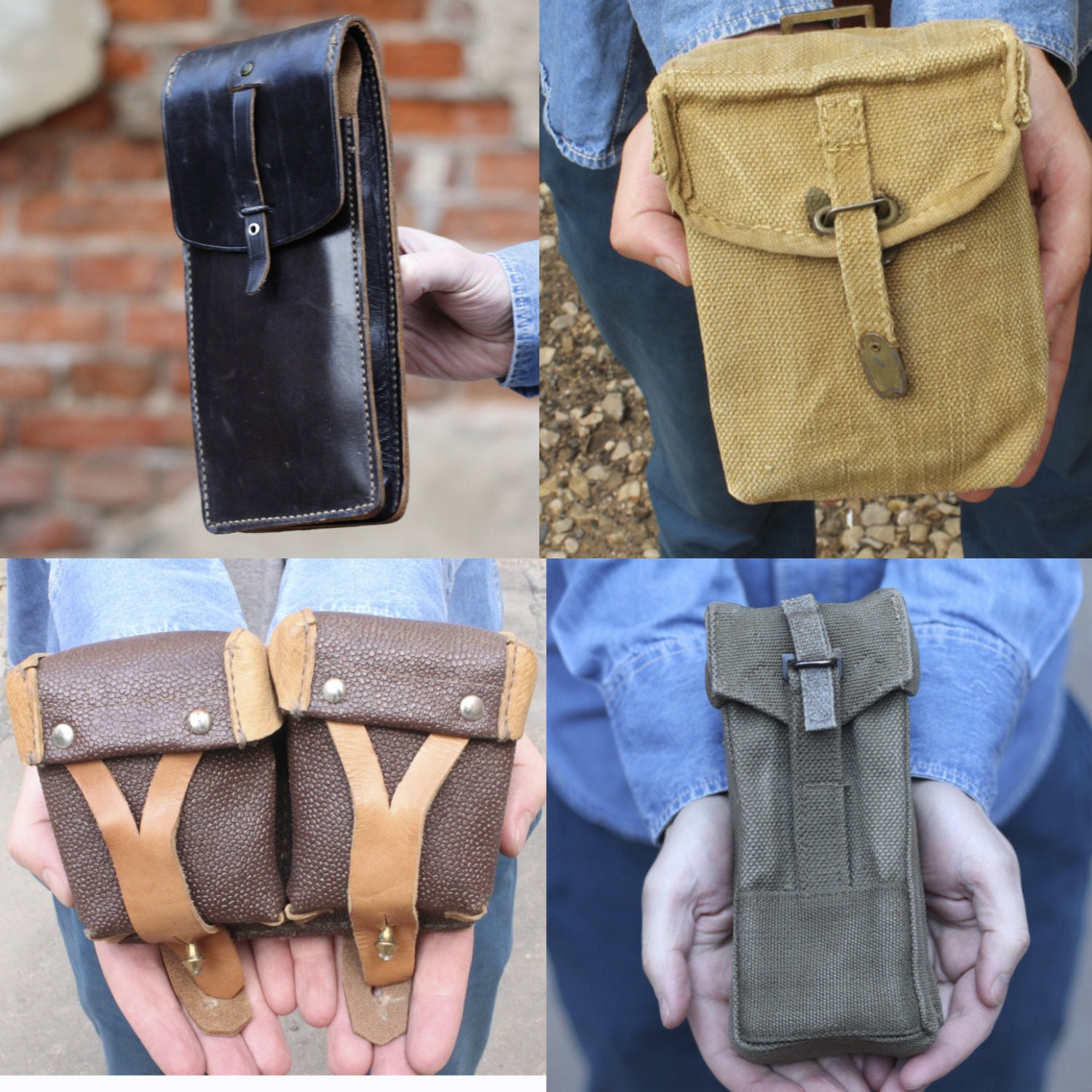 Set of 4 pouches, Vintage Army Military Pouch lot, Collection of 4