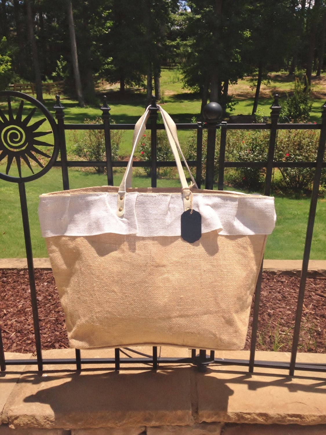 Mud Pie White Ruffle Jute Tote Reuseable Grocery Bag Beach