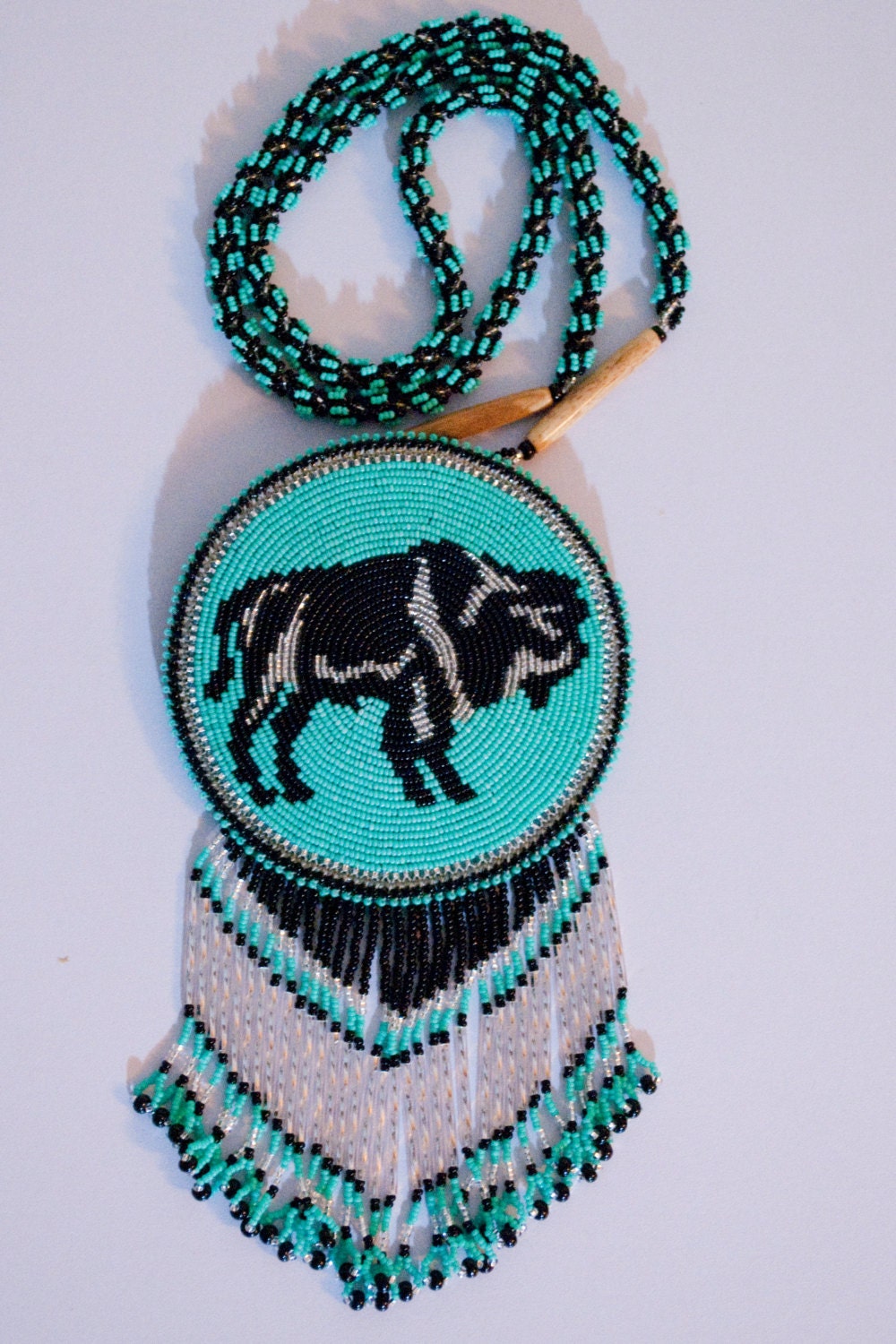 Native American Beaded Buffalo Medallion Necklace