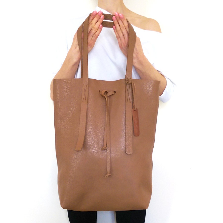 LEATHER TOTE Bag Extra Large Tan Brown Women&#39;s Shoulder