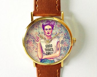 Frida Kahlo Good Vibes Only Watch , Vintage Style Leather Watch, Women Watches, Unisex Watch, Boyfriend Watch, Floral, Flower Crown