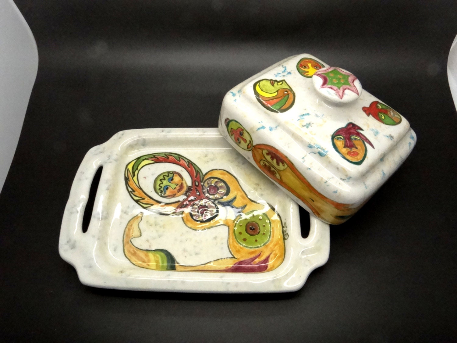 HandPainted Ceramic Butter Dish Handpainted Artisan Pottery