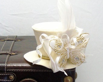 Ivory Feather Butterfly Mini Top Hat Headband with Ostrich Fascinator Feathers, Child, Adult, Fairy Halloween Costume Hat, READY TO MOUNT