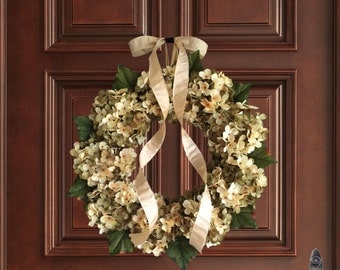 Beautiful Hand Blended Hydrangea Wreath | Summer Wreath | Front Door Wreaths | Green and Cream Hydrangeas | Wreath | Housewarming Gift