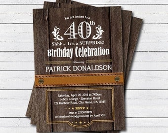 surprise 40th birthday invitation. Man, men. Rustic wood surprise 30th 40th 50th 60th birthday party printable digital invite. AB028
