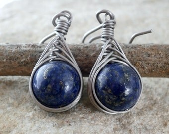 Titanium Earrings Lapis Lazuli Earrings Wire Wrapped Jewelry Handmade Unique Hypoallergenic Earrings Titanium Jewelry Herringbone Wrap