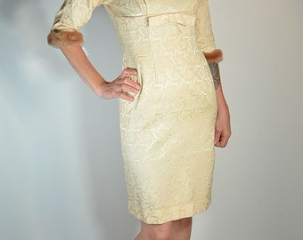 60s Brocade Dress with Faux Fur Trim// Wiggle Dress// Mad Men Dress