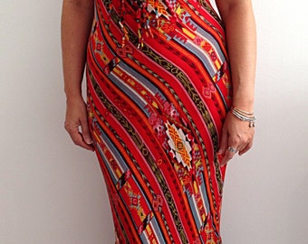 René Derhy Vintage 90s Hippie Boho Chic Style navajo Echnical Print Red Long Dress. Size S.